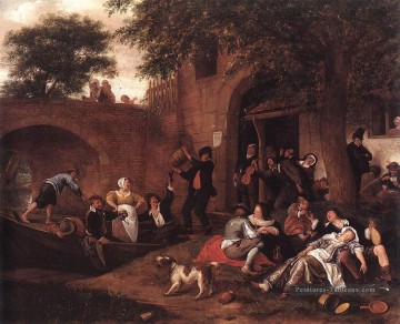 Leaving The Tavern Hollandais genre peintre Jan Steen Peinture à l'huile